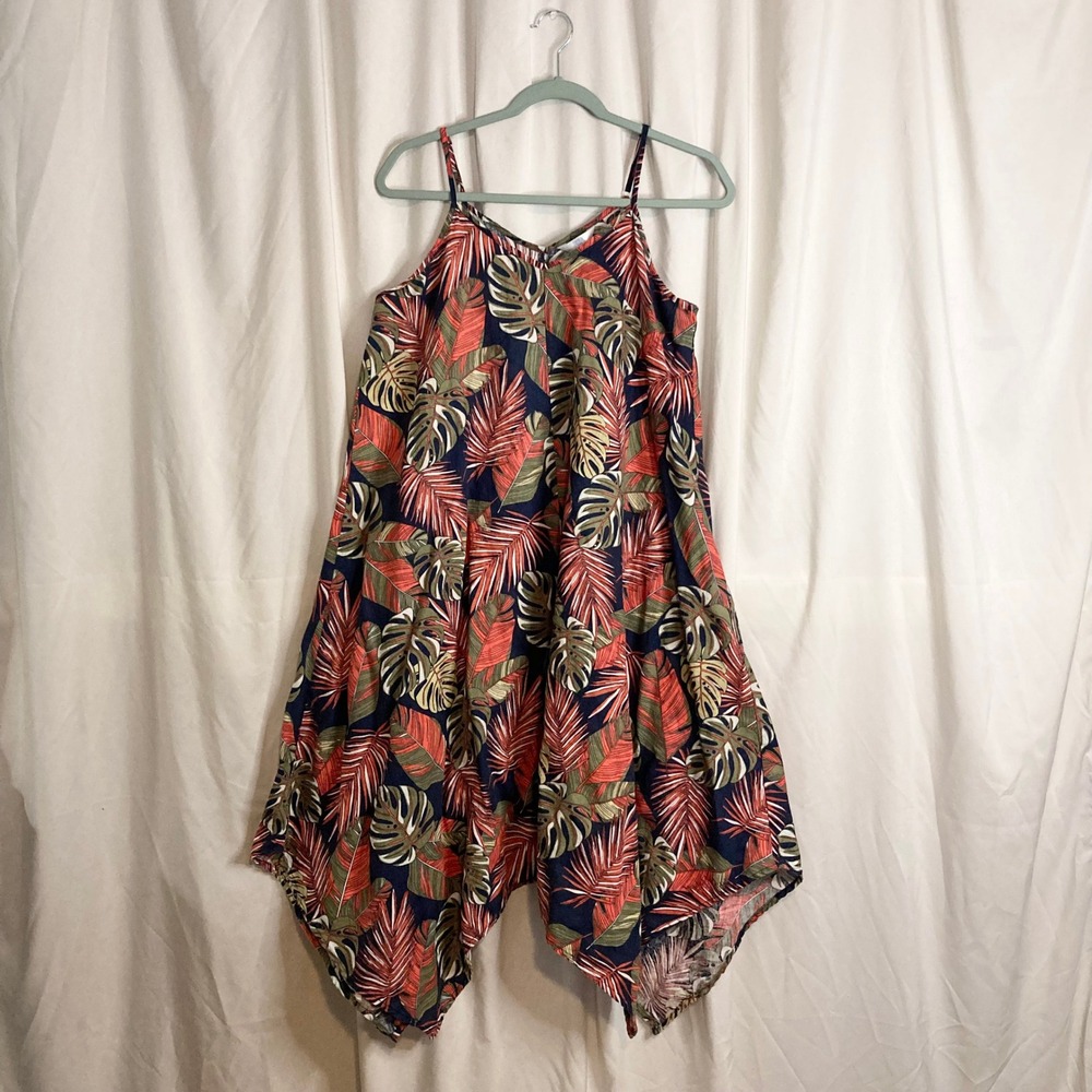 Tropical Palm Leaf Linen Blend Sharkbite Cami Midi Dress L 12-14 Beach Vacation